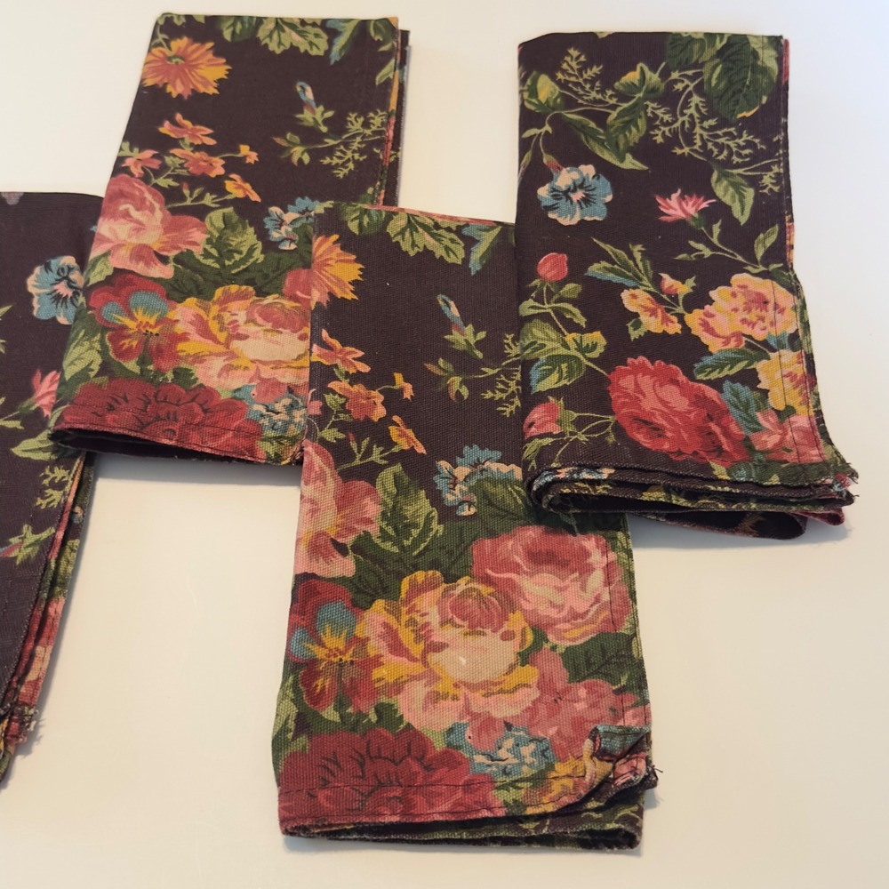 Lauren Ralph Lauren Floral Cloth Napkins Set 4 Brown Rose English Country 20x20 - Picture 2 of 9